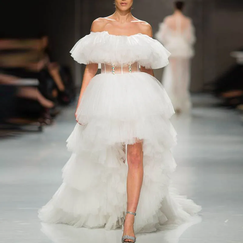 Robe de soiree Off Белые платья на выпускной без бретелек, Многоярусное вечернее платье из тюля с оборками
