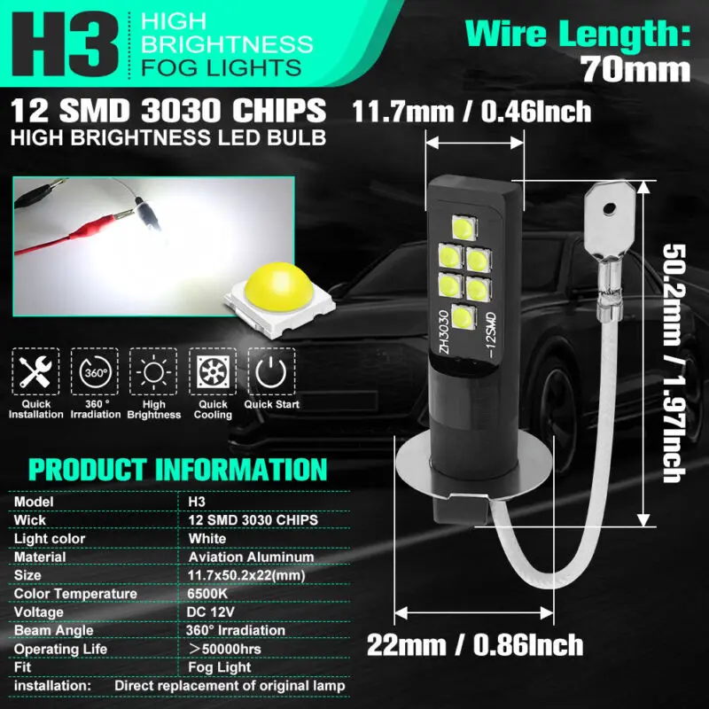 

2pcs Car Fog Lights High Bright Daytime Running Lamps Driving Lights H3 6000K 12V LED White Bulb Automobiles Accessories