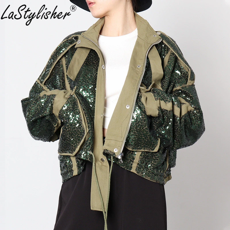 Модная женская укороченная куртка с длинным рукавом расшитая блестками