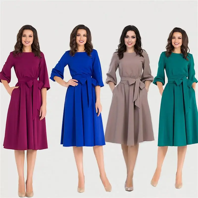 

Spring and Autumn 2021, multicolor long-sleeved loose belt bow, round collar elegant A-line dress Vestidos