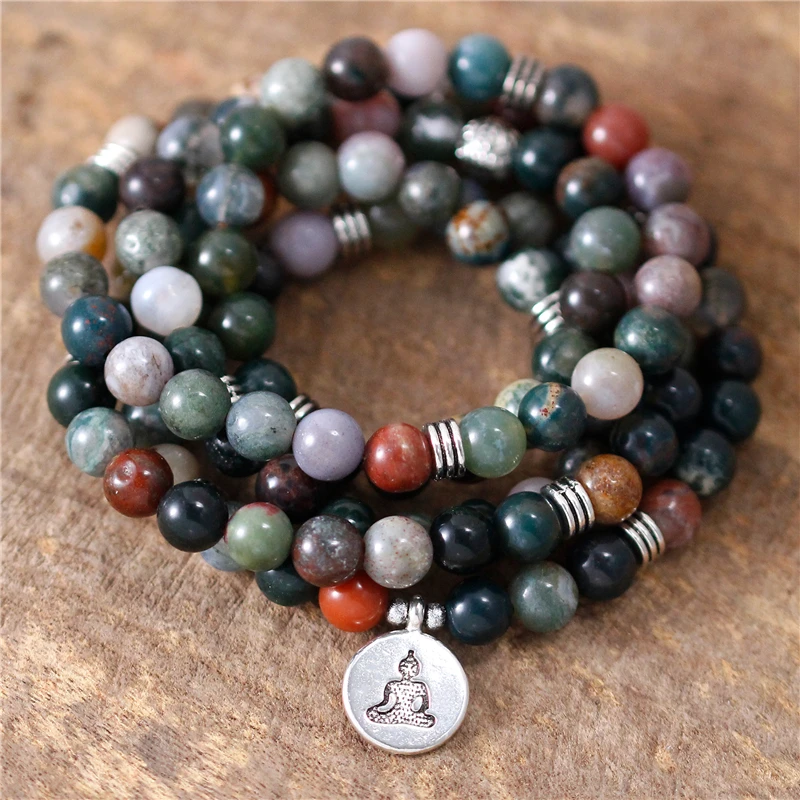 

Boho 108 Mala Silver Buddha Charm Stretch Indian Agates Natural Stone Beads Bracelet Yoga Prayer Meditation Jewelry Dropshipping