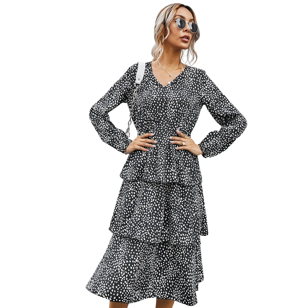 

Elegant Floral Print Long Sleeve V-neck Cake Dress Women Autumn Winter Casual High Waist Slim Holiday Fashion Midi Party Dresses