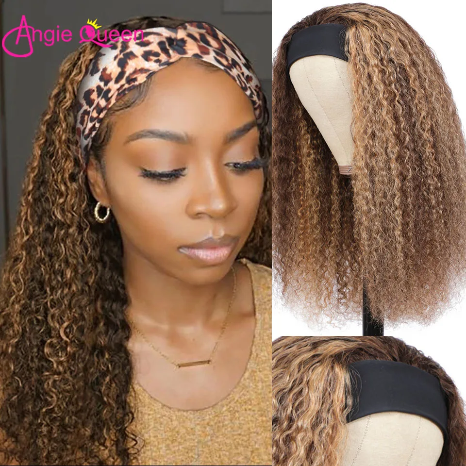 ANGIE QUEEN Brazilian Headband Wig Human Hair P4/27 Omber Honey Blonde Highlights Remy Hair Curly Human Hair Wig For Black Women