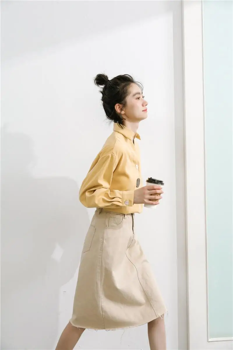 

2021 spring new Korean version of simple chic solid color lapel design blouse loose casual long-sleeved shirt women