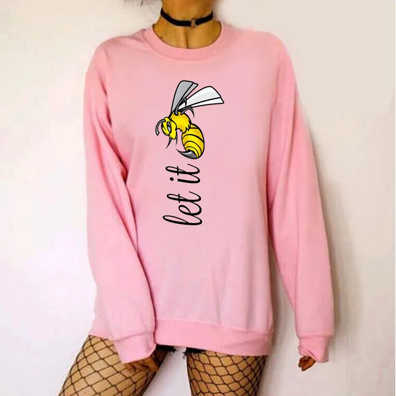 

Women Hoodie Let It Bee Printed Hoodies Women Fleece Long Sleeve O Neck Loose Sweatshirt Girls Pullovers Winter