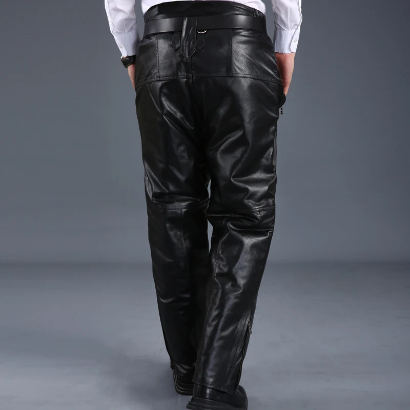 

New Fashion Mens Genuine Leather Cow Fur Lining Long Pants Male Trousers Pantalon Pantacourt Homme Winter Plus Size