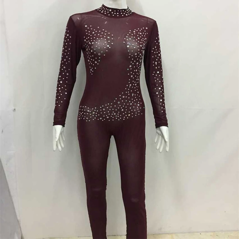 New Sexy Night Party Club Women Black Lace Sheer Mesh Jumpsuit Casual Rhinestone Long Sleeve Bodycon Rompers Female Overalls