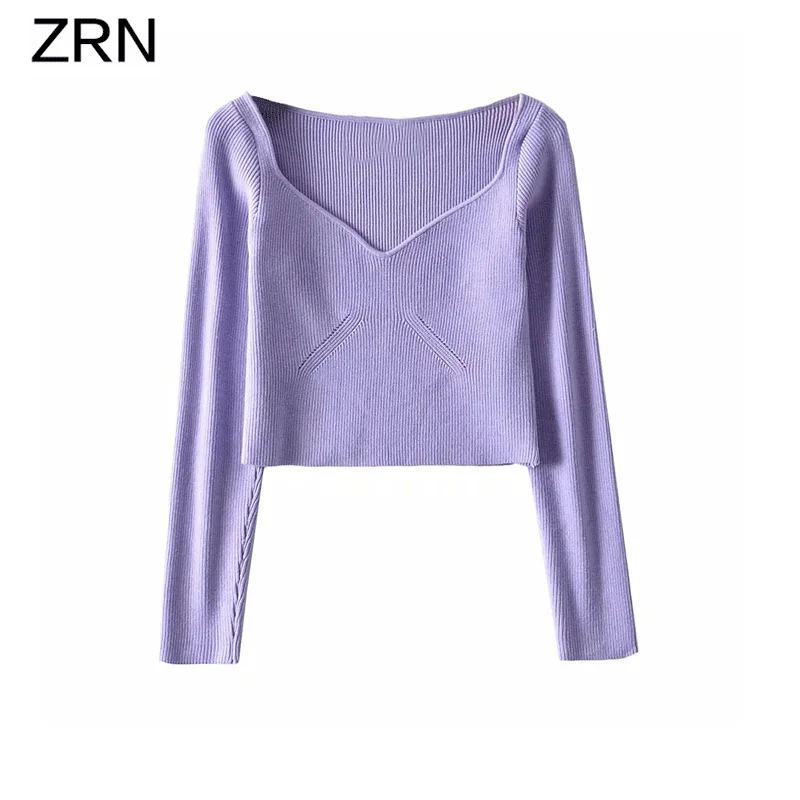 Модный женский винтажный однотонный эластичный вязаный свитер ZRN 2020 укороченный