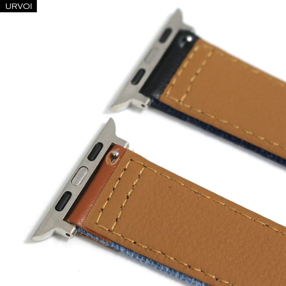 Кожаный ремешок URVOI для Apple Watch series 7 6 SE 5 4 3 2 1 джинсовый сшитый браслет iWatch 40 41 44 45 мм