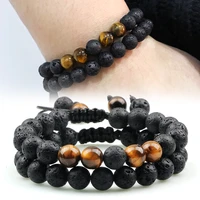 2pcset couple distance beaded bracelet 8mm natural stone tiger eye black lava braided bracelets for women chakra prayer jewelry