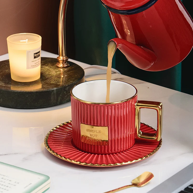 Ceramics Golden Handle Stripe Coffee Cup And Saucer Set With Spoon Breakfast Milk Juice Drink Mug Afternoon Tea Water Ware Gift | Дом и сад