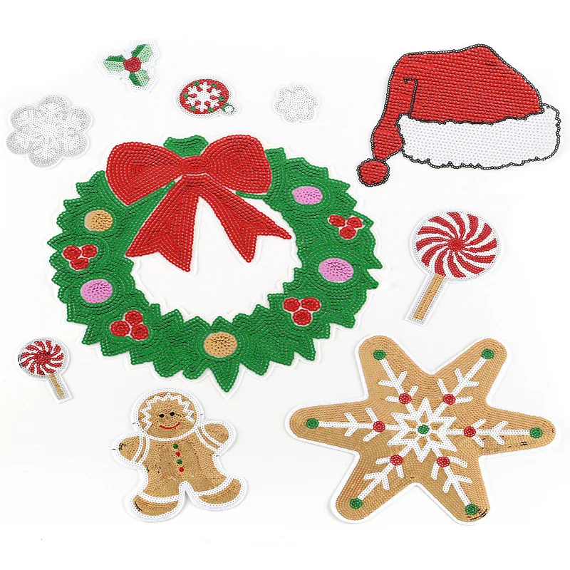 

50pcs/lot Sequins Embroidery Patches Christmas Snowflake Snowman Clothing Decoration Diy Iron Heat Transfer Applique