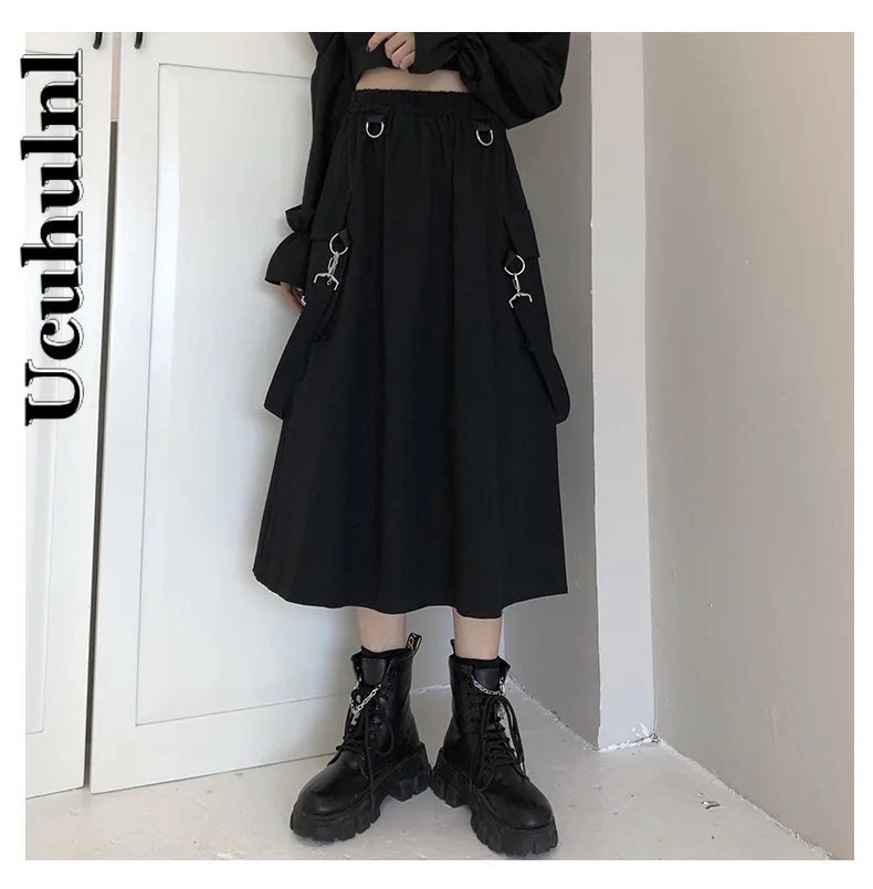 

Ucuhulnl Women's Skirt Hong Kong Style Ins Retro Tooling Skirt High Waist Harajuku Style Dark Japanese Mid-length A-line Skirt