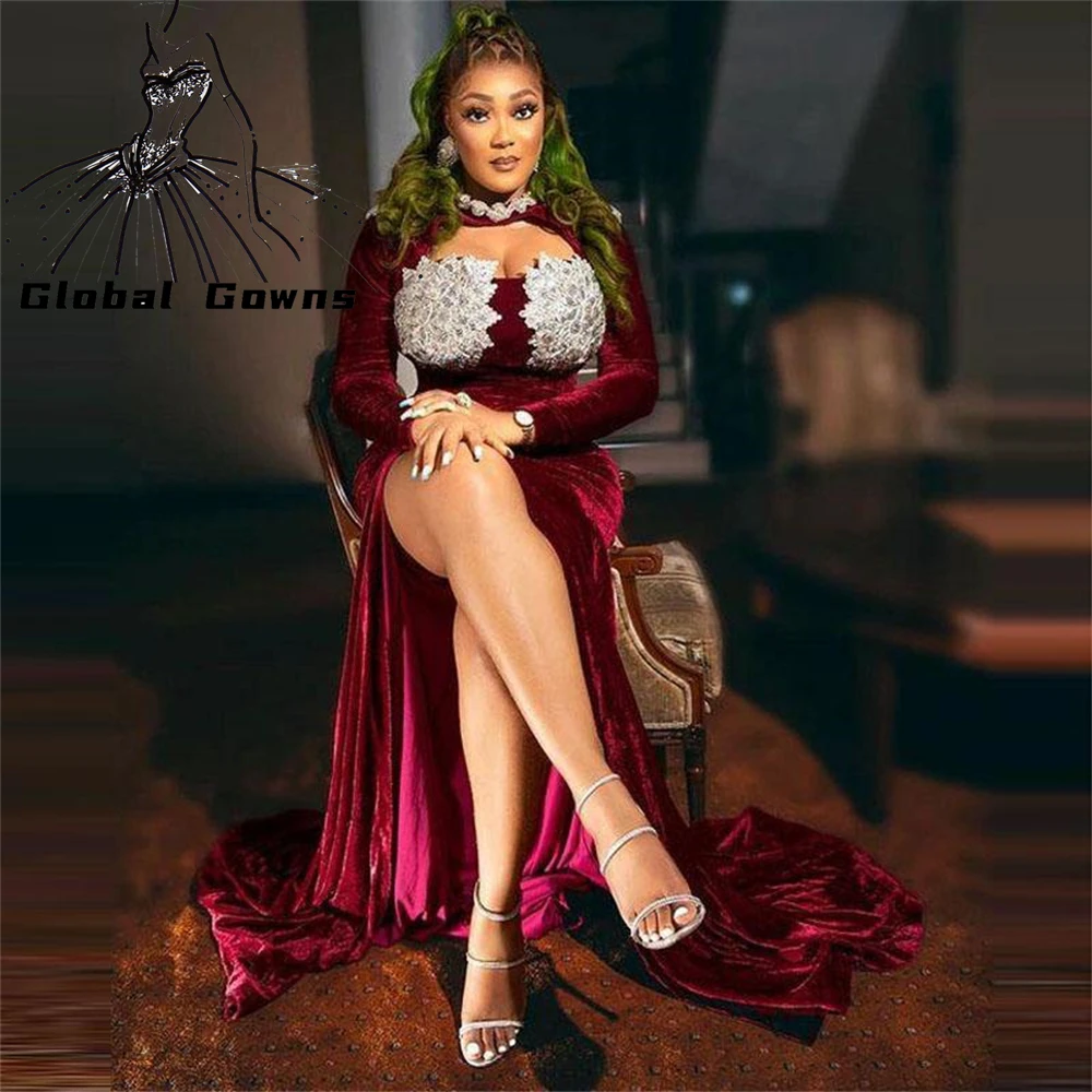 

Элегантное бархатное официальное платье с круглым вырезом и высоким разрезом, нигерийское платье для дня рождения