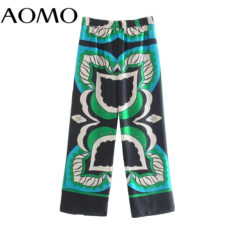 

AOMO Fashion Women Green Floral Print Suit Pants Trousers Vintage Style Strethy Waist Lady Pants Pantalon 5Z270A