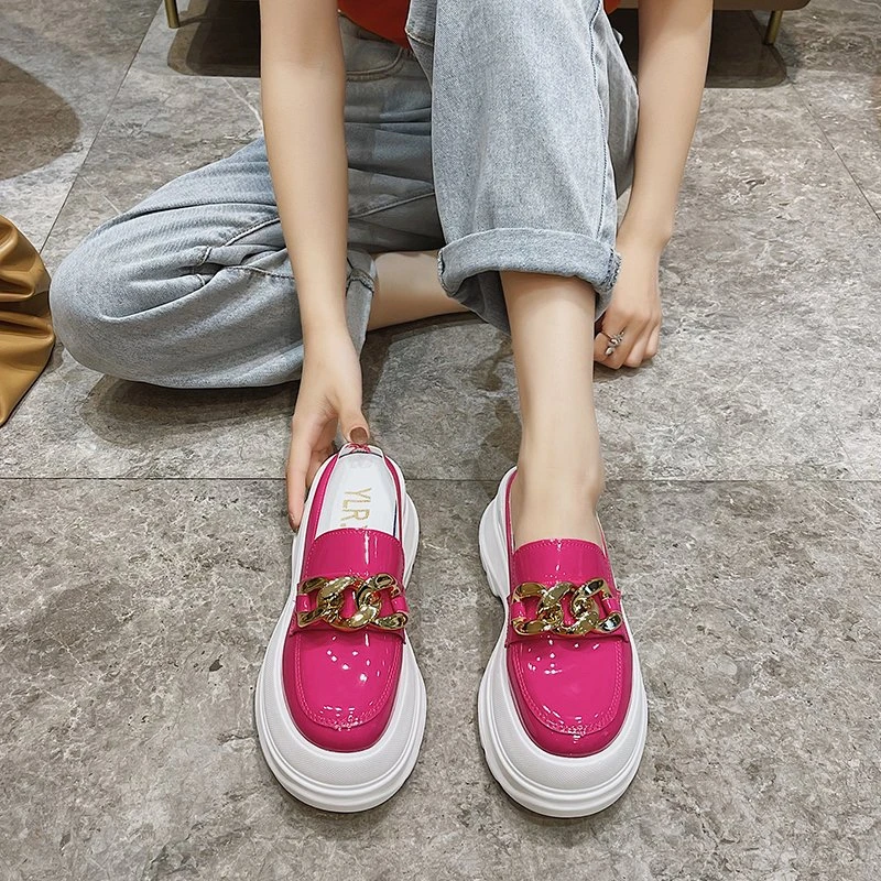

Platform Slippers Women 2021 Summer Fashion Chain Decoration Closed Round Toe Chunky Mules Shoes Female Sexy High Heel Loafers