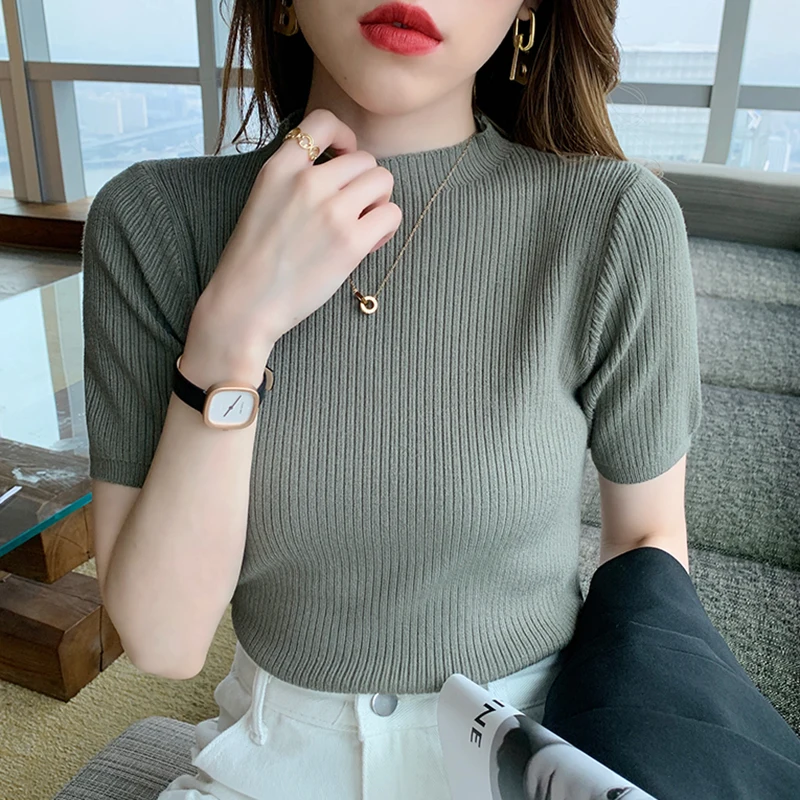 

2021 Summer Knitted Thin Sweaters Pullovers Korean Short Sleeve Half Turtleneck Sweater For Women Slim Jumper Office Lady Tops