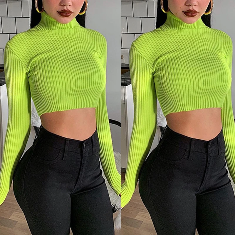 

Women Long Sleeve Turtleneck Sweater Ribbed Knitted Bodycon Crop Top Fluorescent Neon Green Solid Pullover Tee Shirts