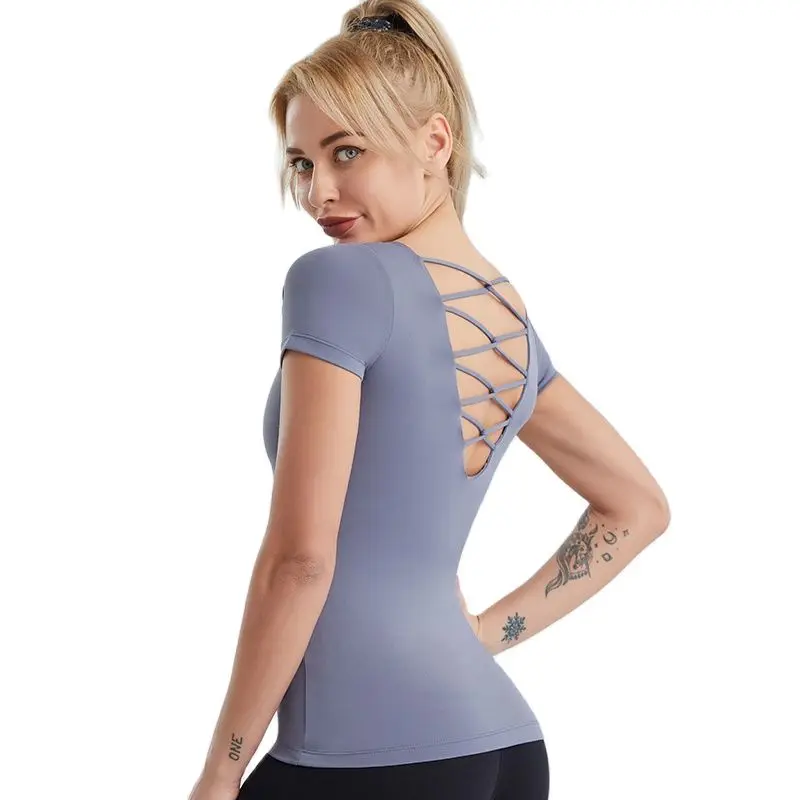 

Tight Yoga Shirts Women Short Sleeve Gym Tops Fitness Running Workout Built-in Chest Pad Quick Drying Fitness Sports T-Shirts