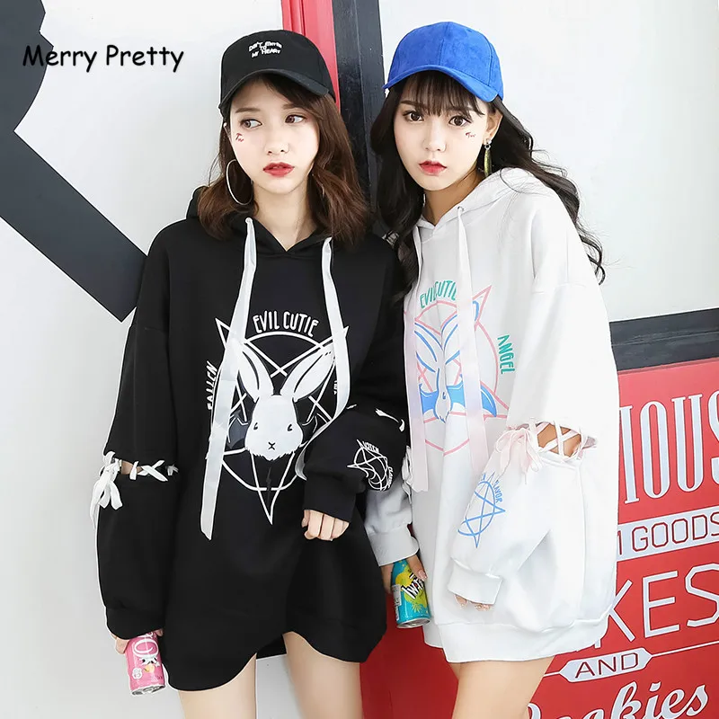 

XUANHAO Harajuku Cute Lolita Women Cotton Sweatshirt Rabbit Pentacle Print Lace Up Hoodies Loose Tracksuit Pullover Female