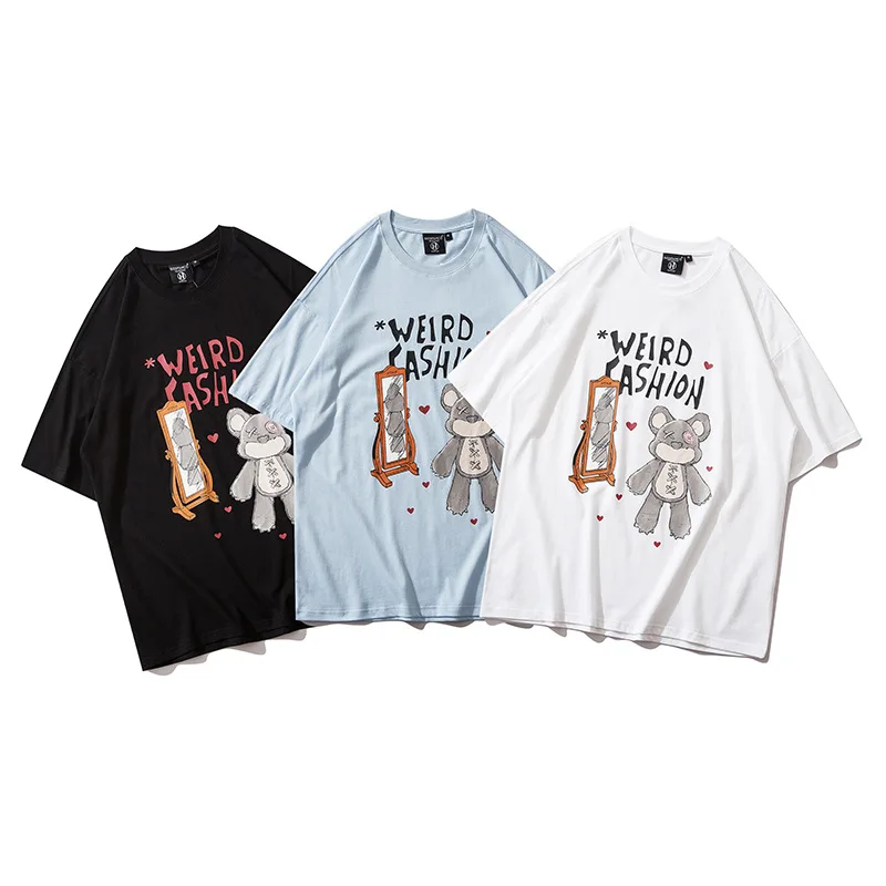 

Creative Bear Cartoon Print T-shirt Male Loose Oversize Pure Cotton Couple Short Sleeve T Shirts Summer Casual Tops Dropshipping