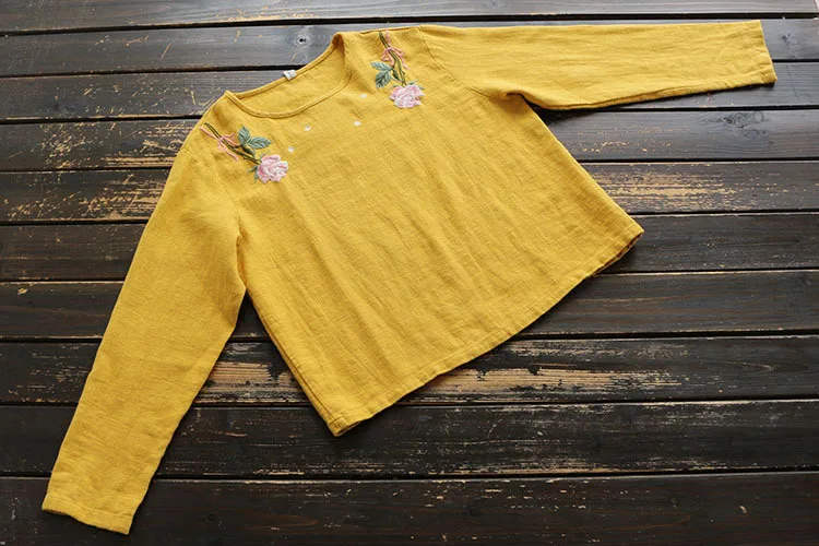 

TEELYNN yellow floral Embroidery Cotton Linen womens tops blouses long sleeve o neck pullover boho casual shirt blusas 2020