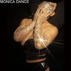 Женские сексуальные сценические Стрейчевые блестящие длинные перчатки с сеткой и кристаллами, аксессуары для танцев, певиц, ночных клубов, танцев, сценических выступлений