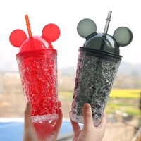 16oznew cute mouse ears plastic double wall transparent ice water bottle tumbler cup juice summer drink coffee straw bottle gift