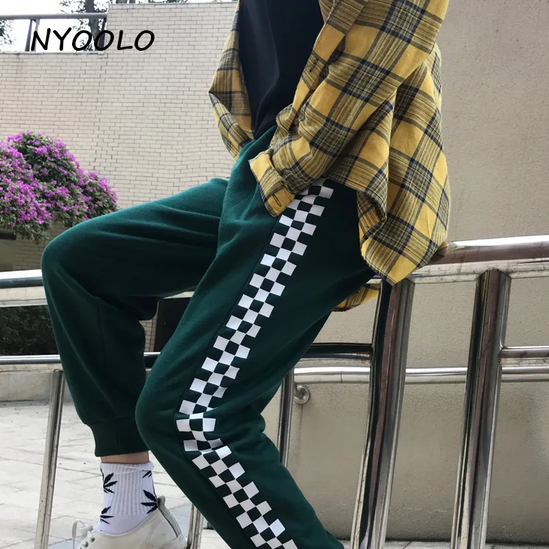NYOOLO Harajuku уличная одежда в клетку с принтом хип-хоп штаны для бега осень зима эластичный пояс плюс бархатные теплые спортивные штаны для женщин и мужчин
