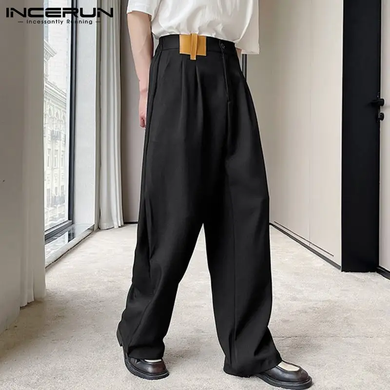 

INCERUN 2022 Fashion Men Pants Patchwork Joggers Pockets Button Casual Wide Leg Straight Trousers Men Baggy Pantalones Hombre
