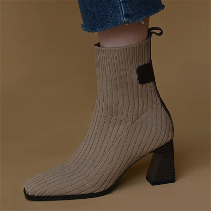

Женские трикотажные эластичные ботинки-носки, с острым носком, на высоком каблуке