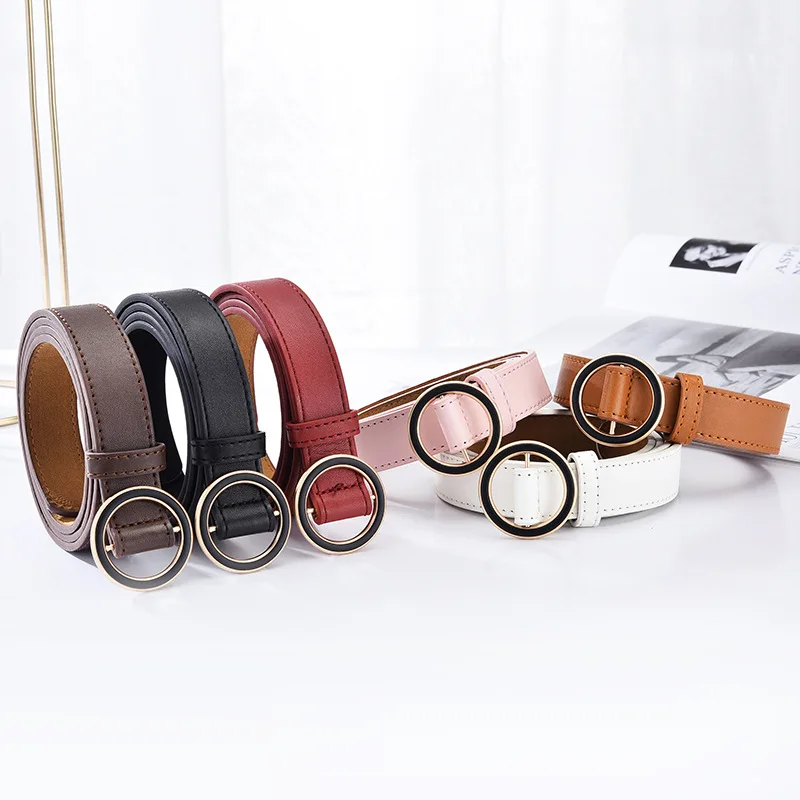 Ремень женский из искусственной кожи гладкий пояс с круглой пряжкой сплава без