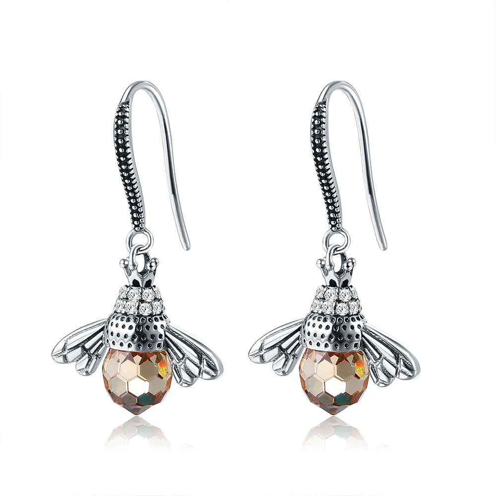 

SILVERHOO 925 Sterling Silver Drop Earrings For Women Cubic Zirconia And Austria Crystal Bee Shape Earring Party Fine Jewelry