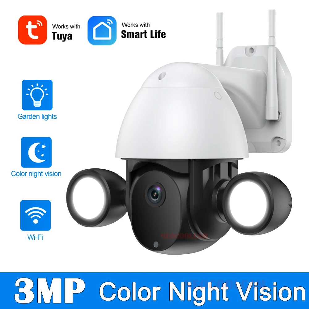 

tuya Smartlife APP HD 3MP Wifi PIZ Camera Auto Motion Tracking IP66 Waterproof Outdoor Floodlight Color Vision Surveillance Cam
