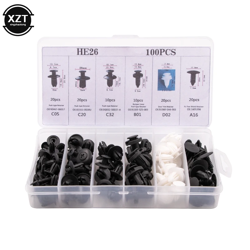 100PCS Car Auto Plastic Door Fender Repair Rivets Screw Clips Fastener w/tool 6 Models for Ford Toyota Mazda Honda All car model