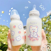 cute cartoon strawberry bear glass pacifier water bottle straw cups for adult children milk frosted bottle baby feeding bottles