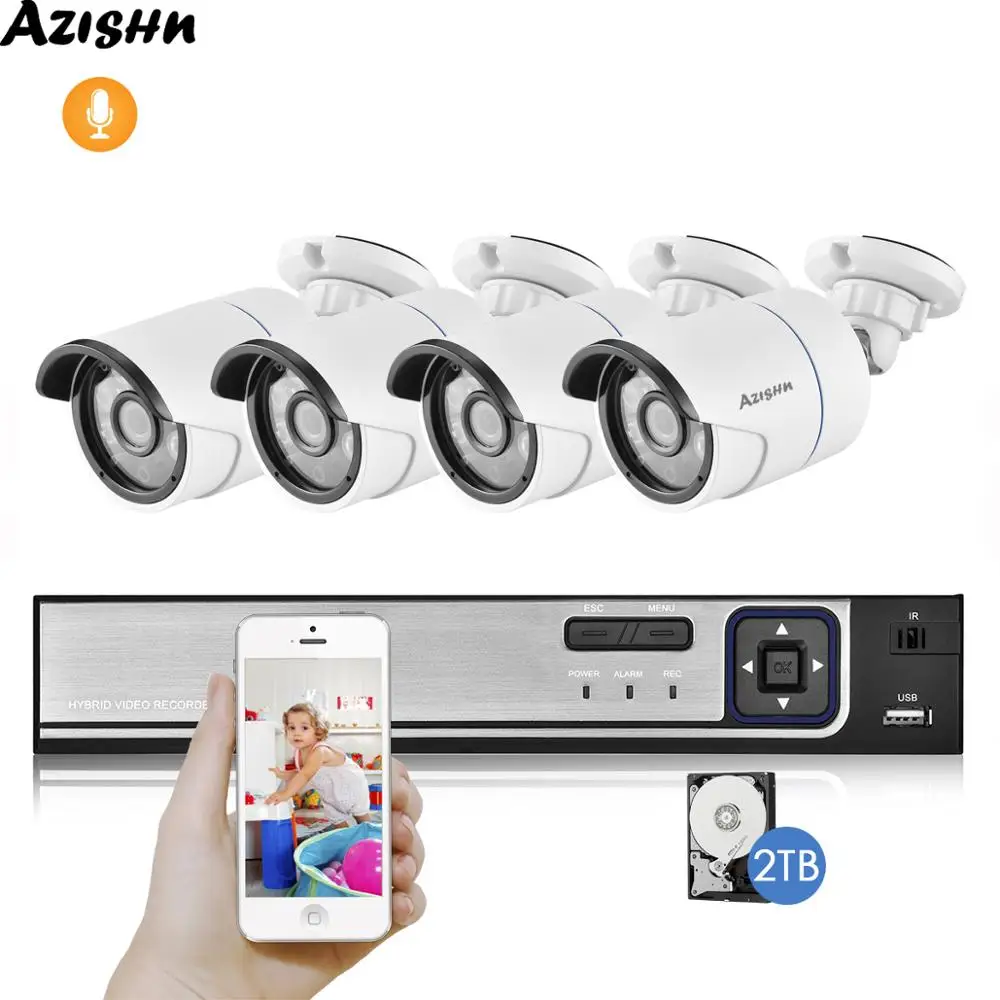 AZISHN 4CH 5MP POE NVR система безопасности H.265 5MP 4MP 2MP аудио запись Открытый IP66 Водонепроницаемая ip-камера комплект для домашнего видеонаблюдения