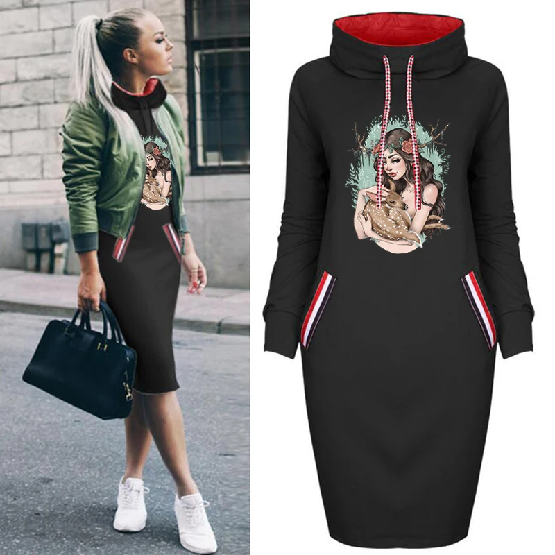 

Ol Bodycon Dress Fall Women Beauty Lady Print Dresses Long Sleeve Party Black Vintage Slim Short Dress Fashion 2021