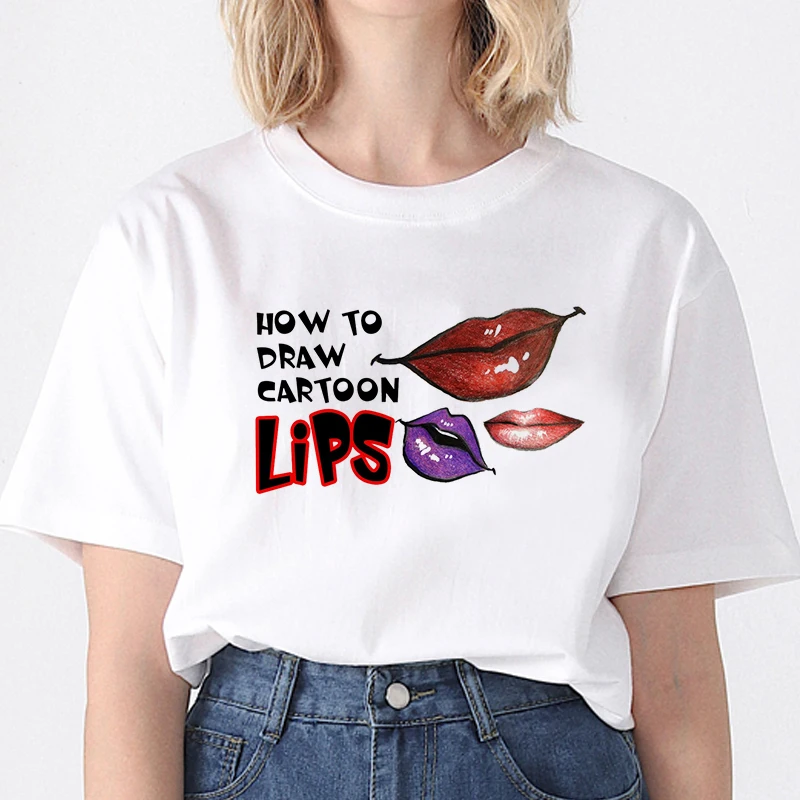 

Red Mouth Lip KissPrinted Lady O-Neck T-shirt New Summer Top Tee Funny Graphic T- shirt Femme Vogue Harajuku T-shirt