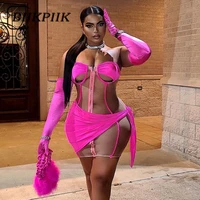 biikpiik female clubwear stitching wrapped chest dress with golves sexy fashion sheath mini party style clothing pink dresses