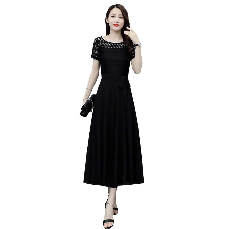 

Plus Big Size Oversize 2021 Spring Summer New Women Lace Hollow Out Short Sleeve Mesh Black Vintage Floral Midi Dresses Casual