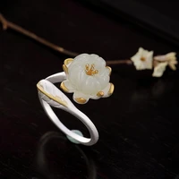 new s925 sterling silver natural nephrite white hetian jade lotus flower sweet elegant women bridal wedding rings ring k0151