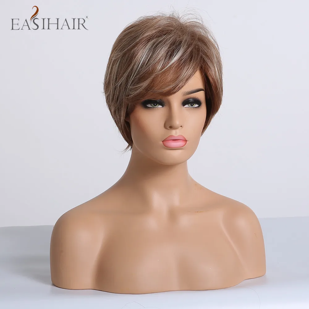 Парики женские короткие из натуральных прямых синтетических волос золотистые