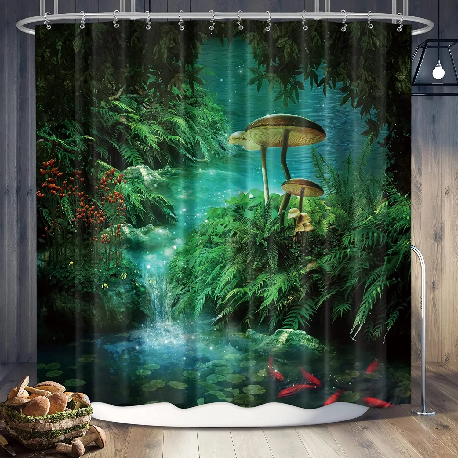 Cortina de ducha de seta de fantasía, Panel gótico de hada del bosque, árbol, verde jungla, Zen, río, Trippy, decoración de baño, resistente al agua, 72x72 pulgadas