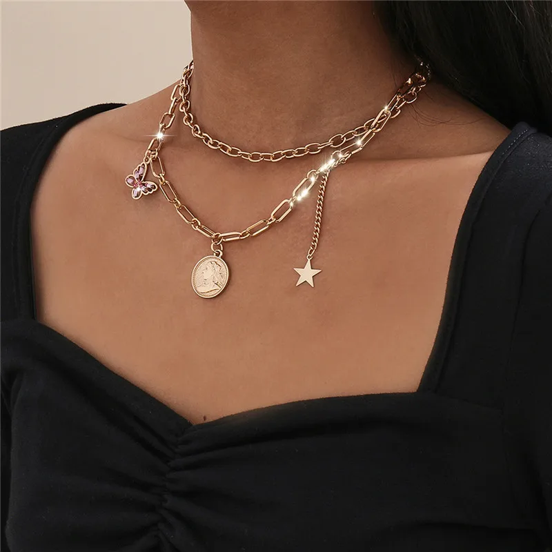 

Simple And Versatile Personality Portrait Round Tag Hollow Necklace New Female Temperament Butterfly Star Pendant Clavicle Chain