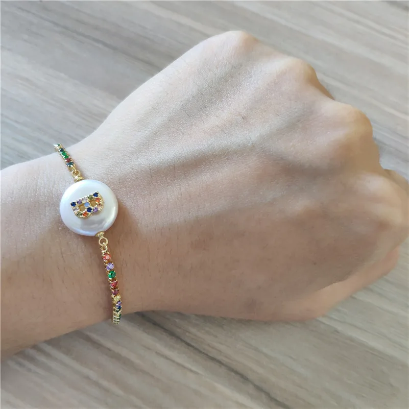 

5pcs/lot initial 26 alphabet letters rainbow mix cz name charm natural pearl bead birthday jewelry link bracelets for women