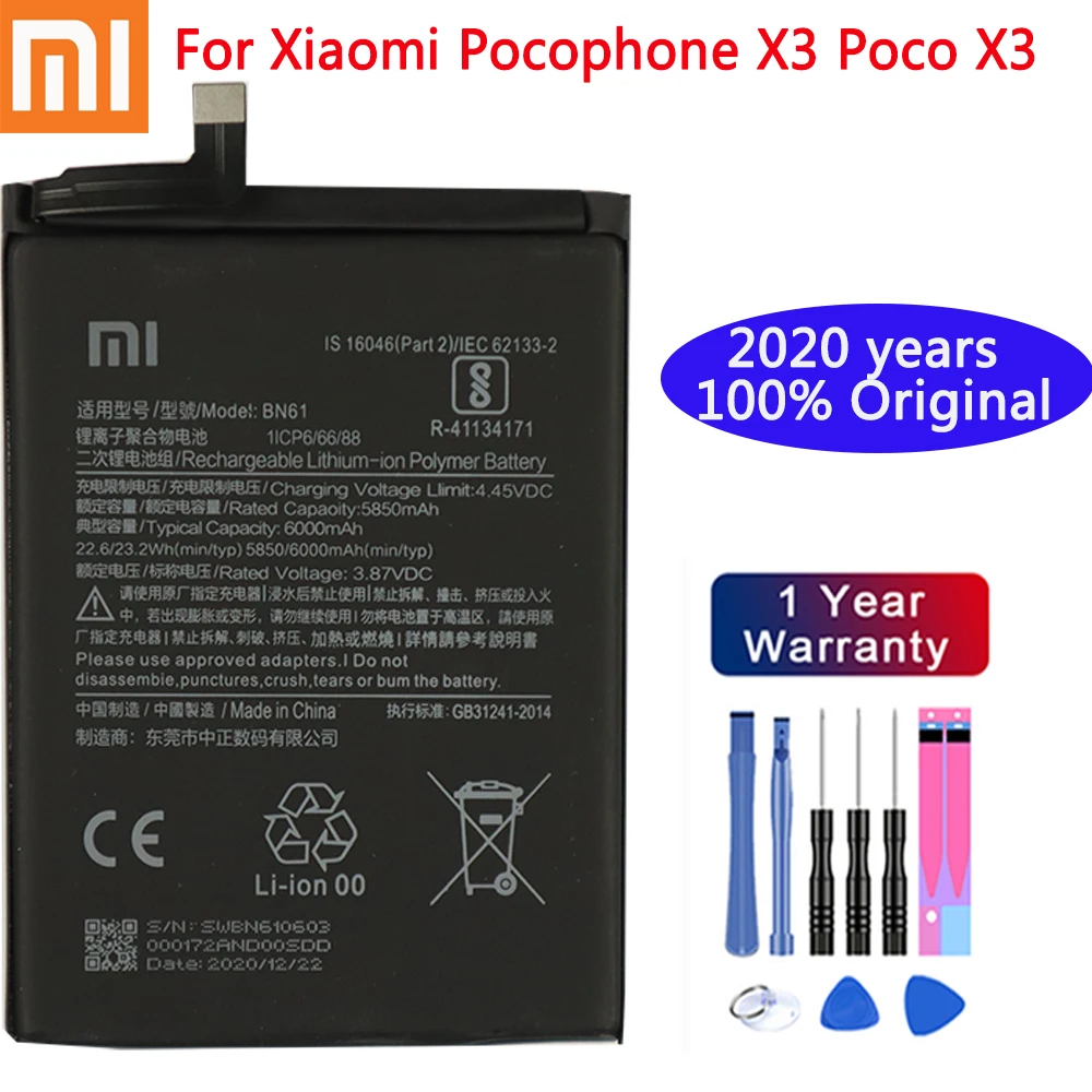 

6000mAh 100% Xiao Mi Original Phone Battery BN61 For Xiaomi Pocophone X3 Poco X3 High Capacity Replacement Battery +Free Tools
