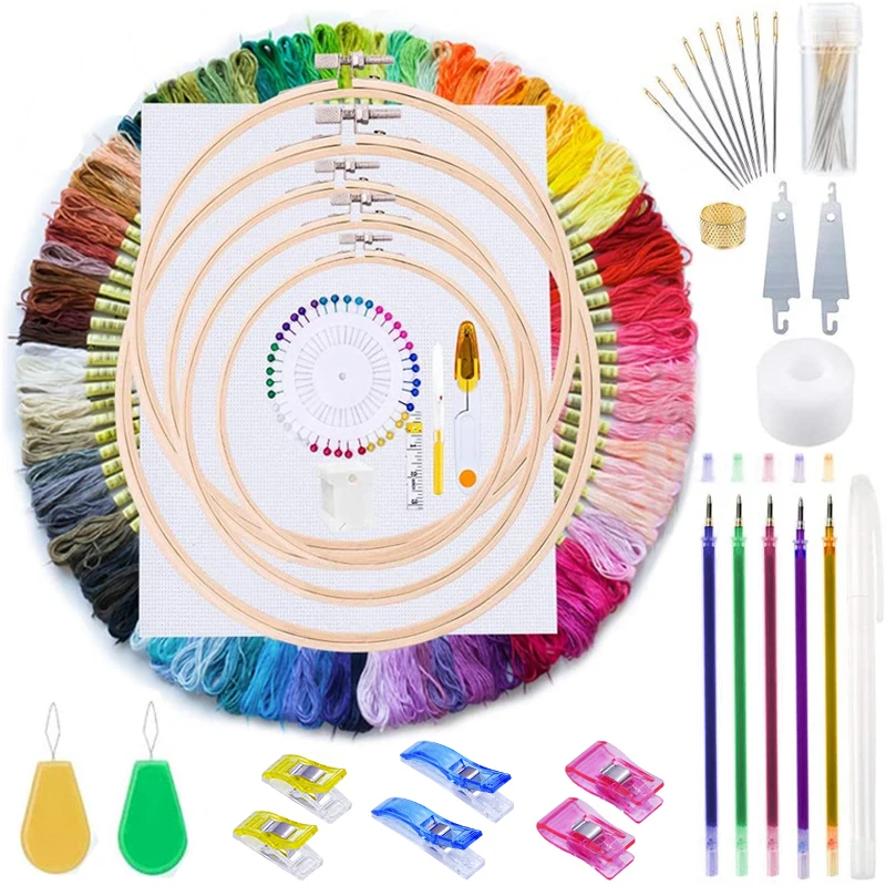 

LMDZ 211 Pcs 100 Colors Embroidery Threads Starter Kit Embroidery Floss and Embroidery Hoops Cross Stitch Sewing Pins Tools