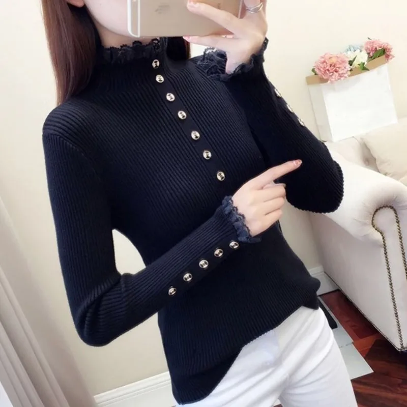 

Women Knited Pullover Sweater Lace Long Sleeved Pull Tops 2021 New Autumn Winter Korean Fashion Sueter Mock Neck Jersey Mujer