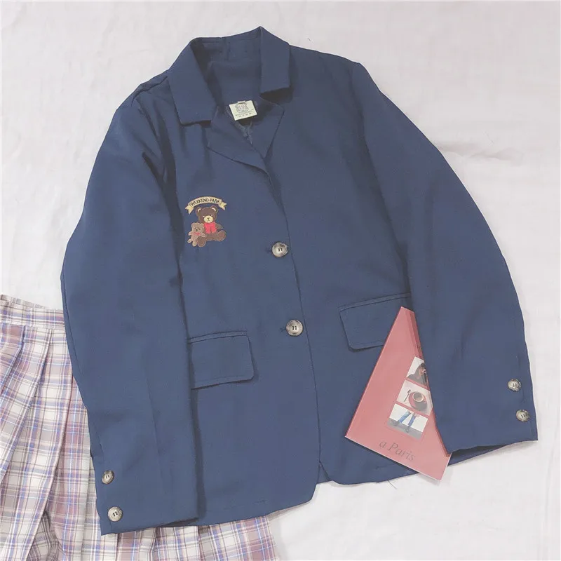 

Japanese Spring Autumn Mori Girl Suit Jacket Loose Preppy Cartoon Bear Embroidery Outwear Women Pink Suit Coat